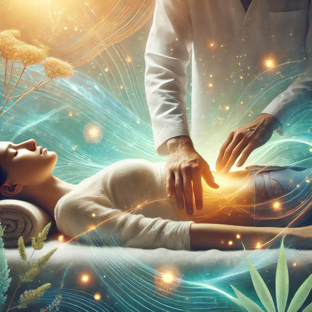 séance de massage Chi Nei Tsang, avec des vagues énergétiques apaisantes et un cadre serein.