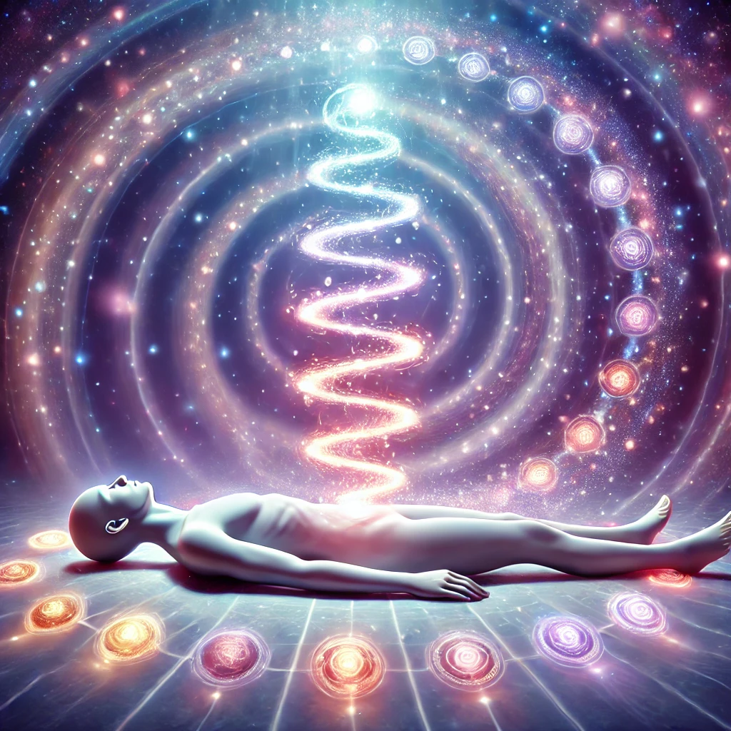 une personne allongée en méditation illustrante le processus d'éveil de l'énergie Kundalini