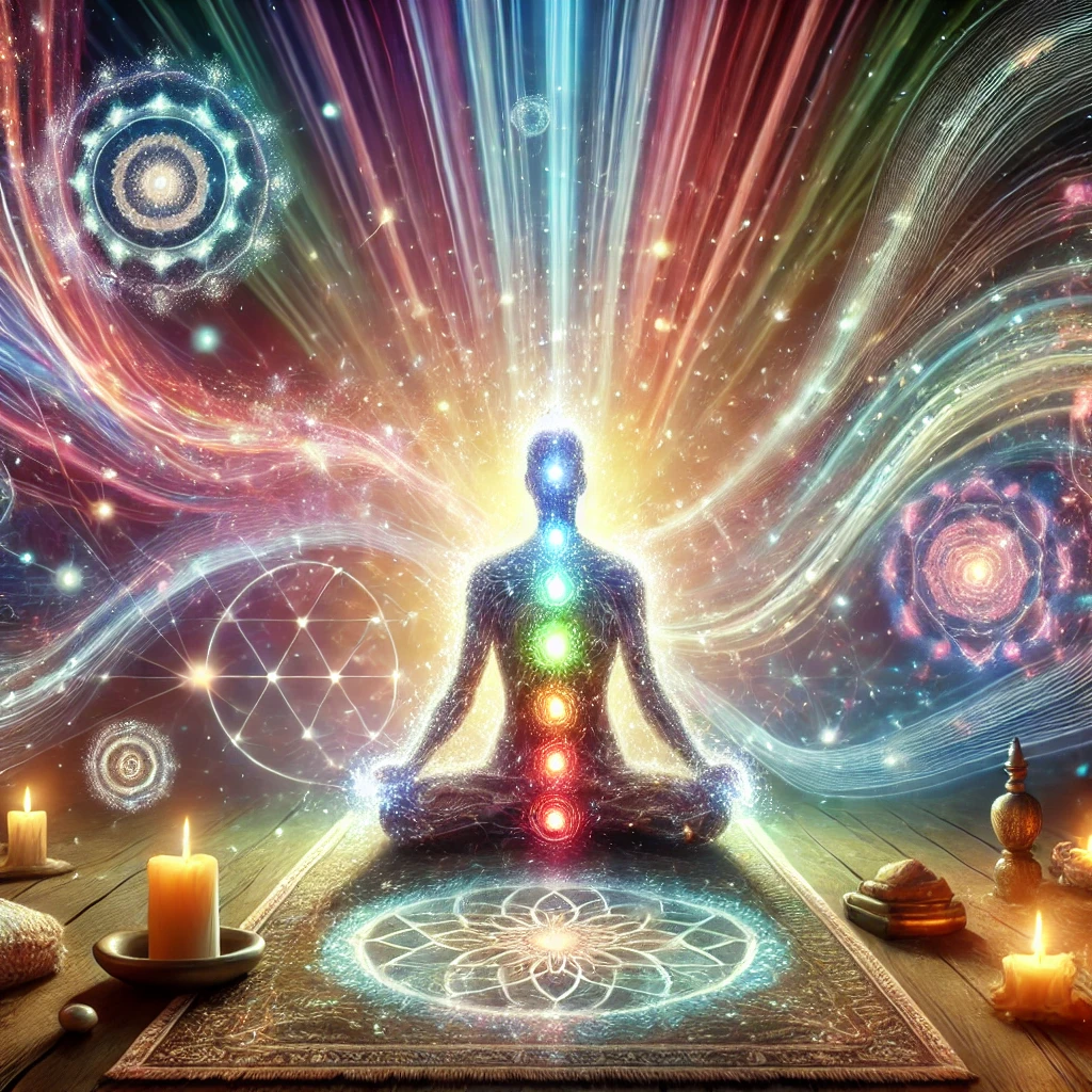 une scène méditative et énergétique montre l'essence du processus de guérison et de transformation, renforçant la connexion spirituelle et la libération des énergies