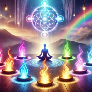 Formation les Flammes Sacrées dans une atmosphère mystique et spirituelle. Elle illustre parfaitement l'énergie de guérison et de transformation associée à ces flammes.