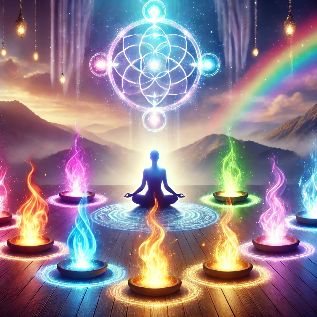 Formation les Flammes Sacrées dans une atmosphère mystique et spirituelle. Elle illustre parfaitement l'énergie de guérison et de transformation associée à ces flammes.