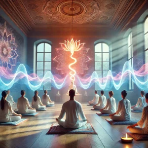 une session de formation Kundalini dans un cadre paisible et spirituel.