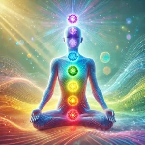 un soin d'harmonisation des chakras, avec des énergies lumineuses alignant les sept chakras dans un cadre apaisant