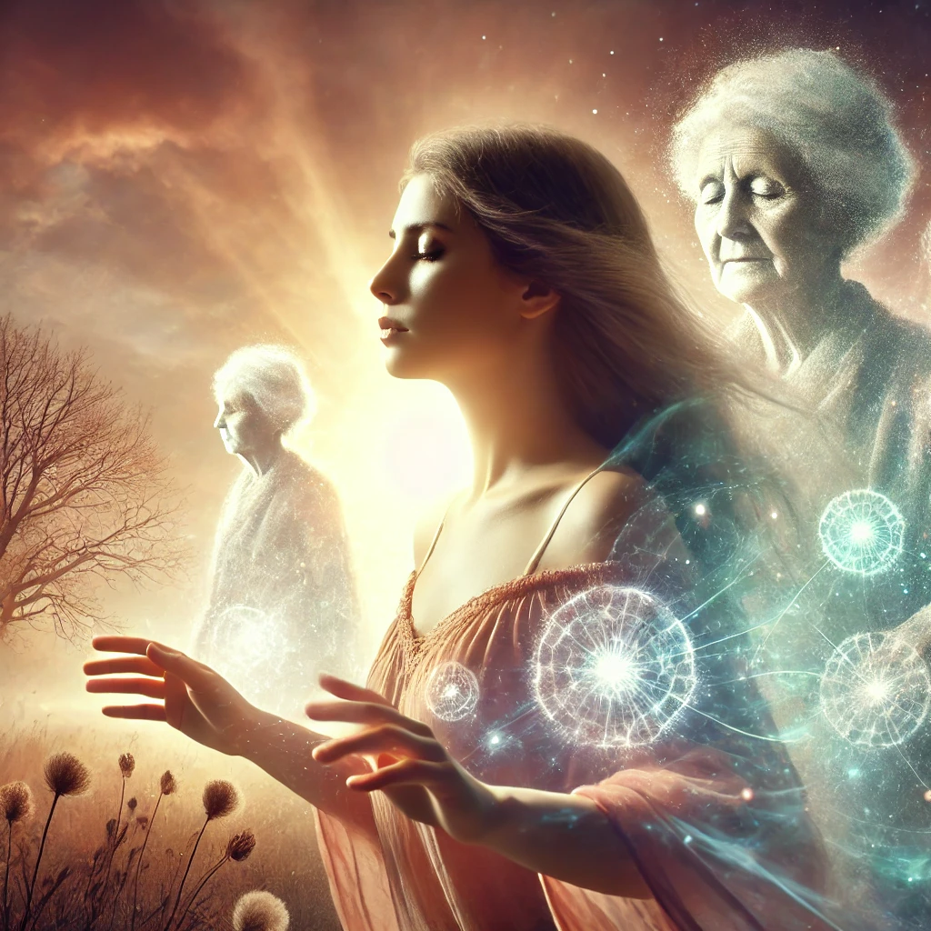 la libération des schémas émotionnels transgénérationnels, avec une femme sereine entourée de lumière, symbolisant la guérison ancestrale