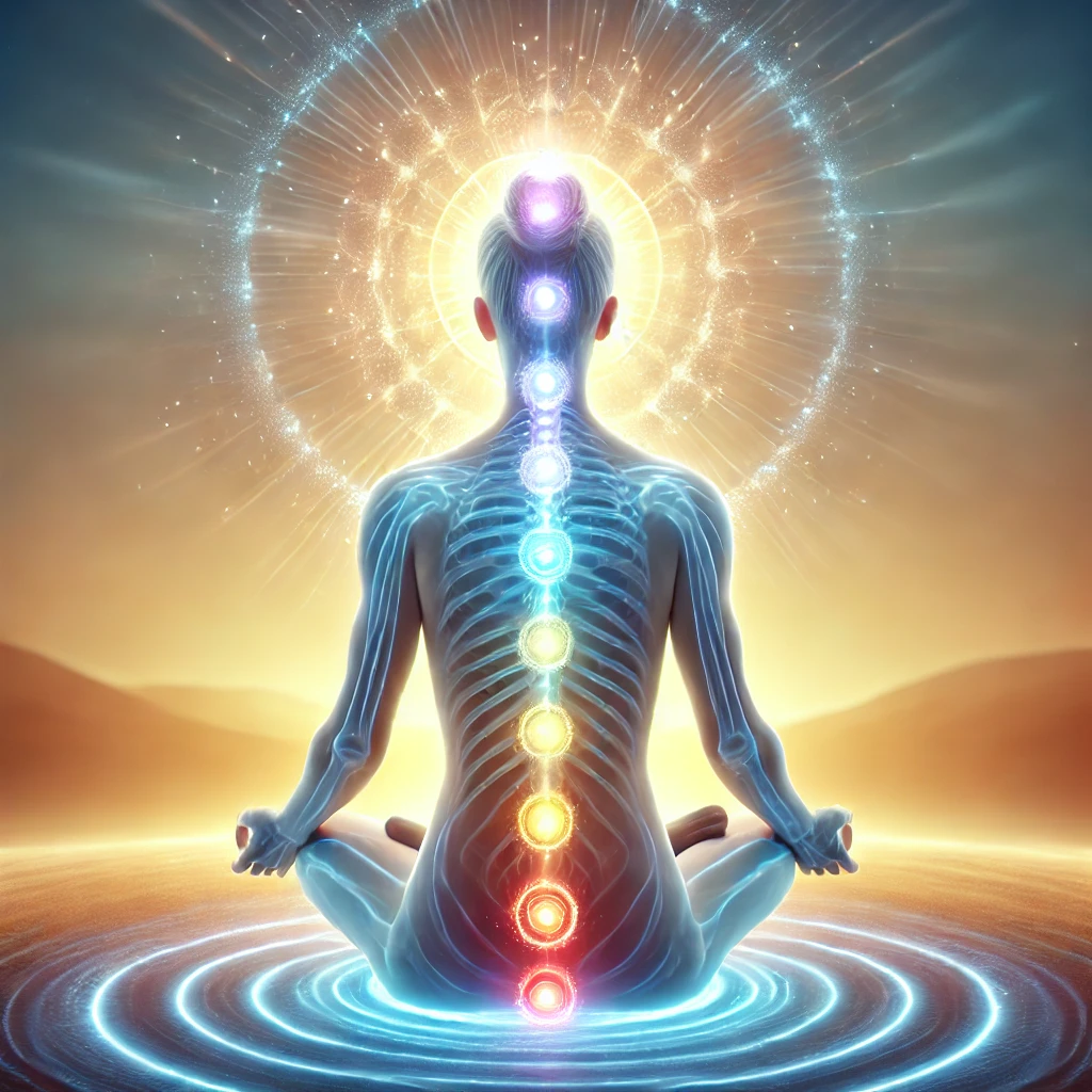 une personne méditant, illustrant l'éveil de la Kundalini avec l'énergie montant le long de la colonne vertébrale et des chakras lumineux alignés.