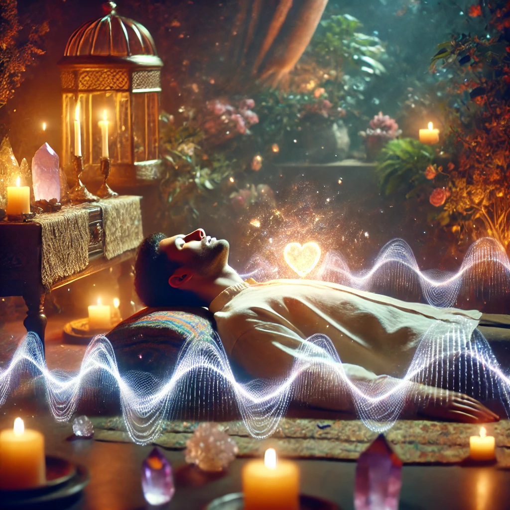 L'image illustre parfaitement une session d'Innerdance avec une ambiance apaisante, montrant le processus de guérison émotionnelle et énergétique. Elle peut enrichir visuellement ton article en transmettant la sérénité et la connexion spirituelle de cette expérience transformative.