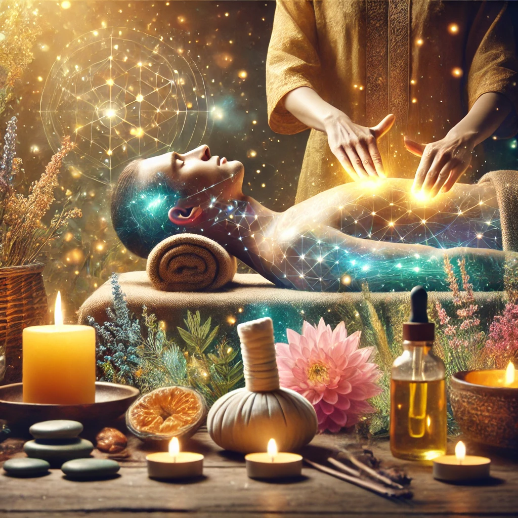 un massage combiné à des techniques de guérison énergétique comme le Reiki et la Bioénergie. L'atmosphère paisible et les éléments naturels, tels que la lumière douce des bougies et les huiles essentielles, créent une ambiance de relaxation profonde, de transformation et de bien-être.