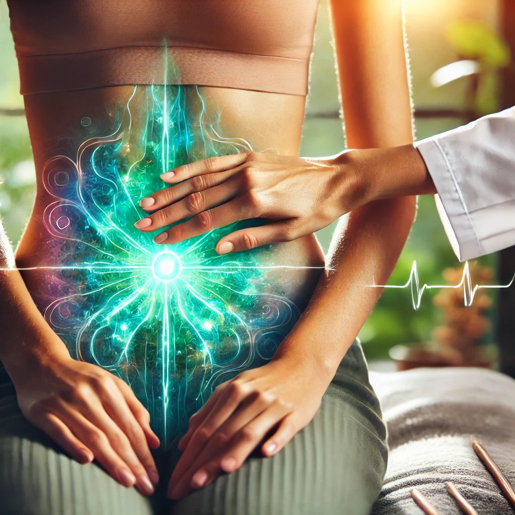 Gros plan sur l'abdomen d'une femme pendant un massage Chi Nei Tsang, avec les mains de la praticienne posées délicatement pour libérer l'énergie et les blocages émotionnels