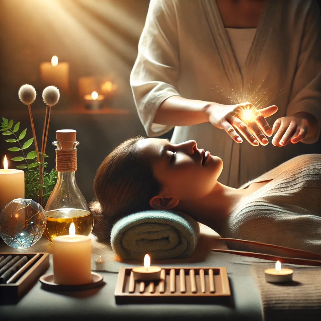 une praticienne femme effectuant un massage relaxant et une session de guérison Reiki sur une table chauffée. L'atmosphère est douce et apaisante, propice à la relaxation et au bien-être énergétique.
