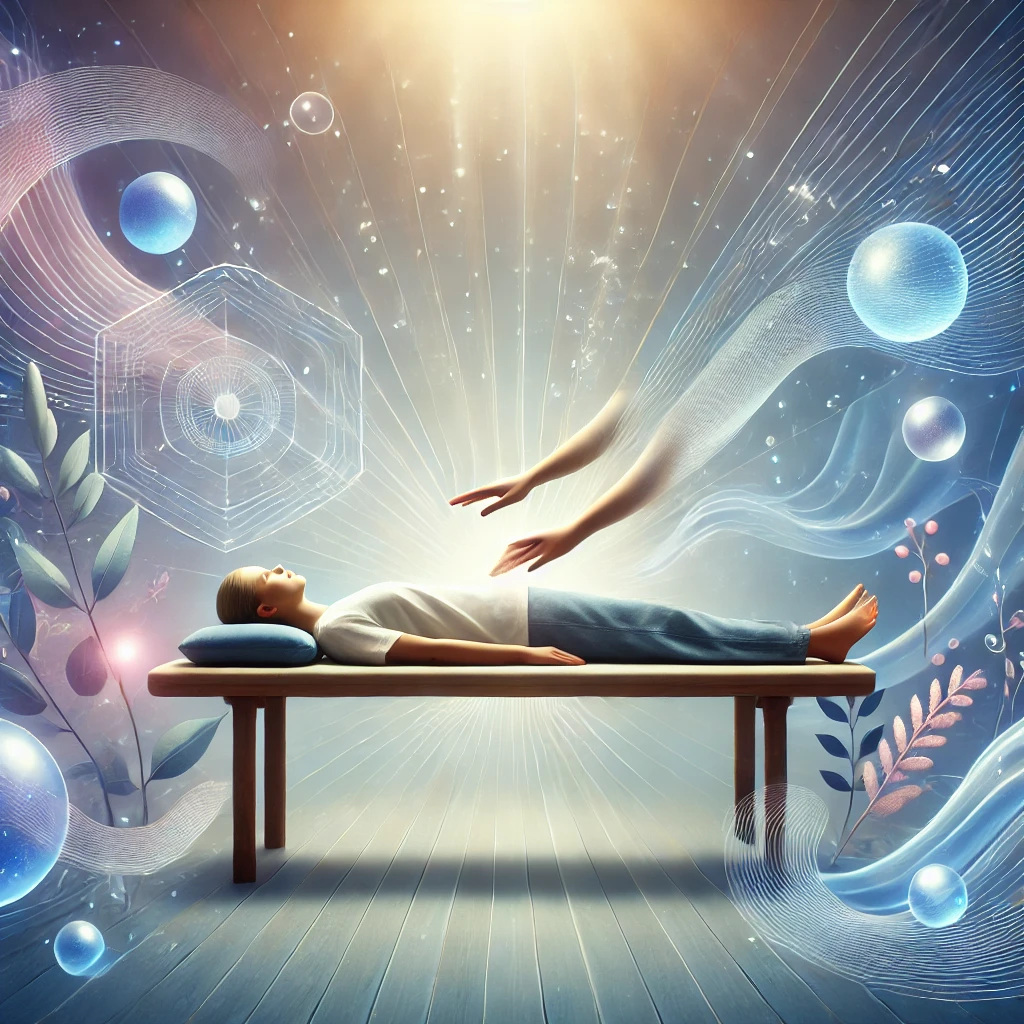 Séance de Reiki avec des vagues d'énergie apaisantes, symbolisant le flux d'énergie universelle dans un environnement serein et minimaliste