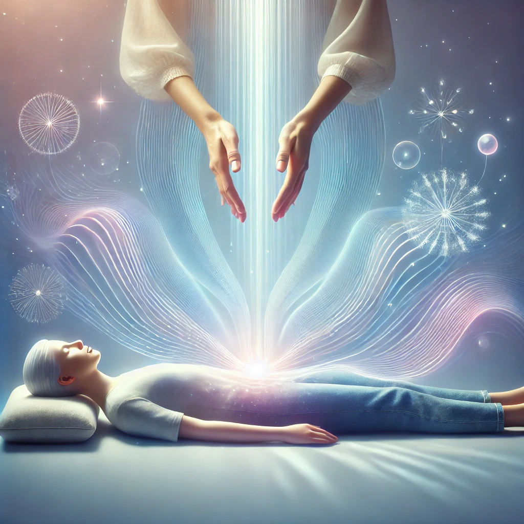 Séance de Reiki avec des vagues lumineuses apaisantes, symbolisant le flux d'énergie universelle, dans un environnement calme et minimaliste