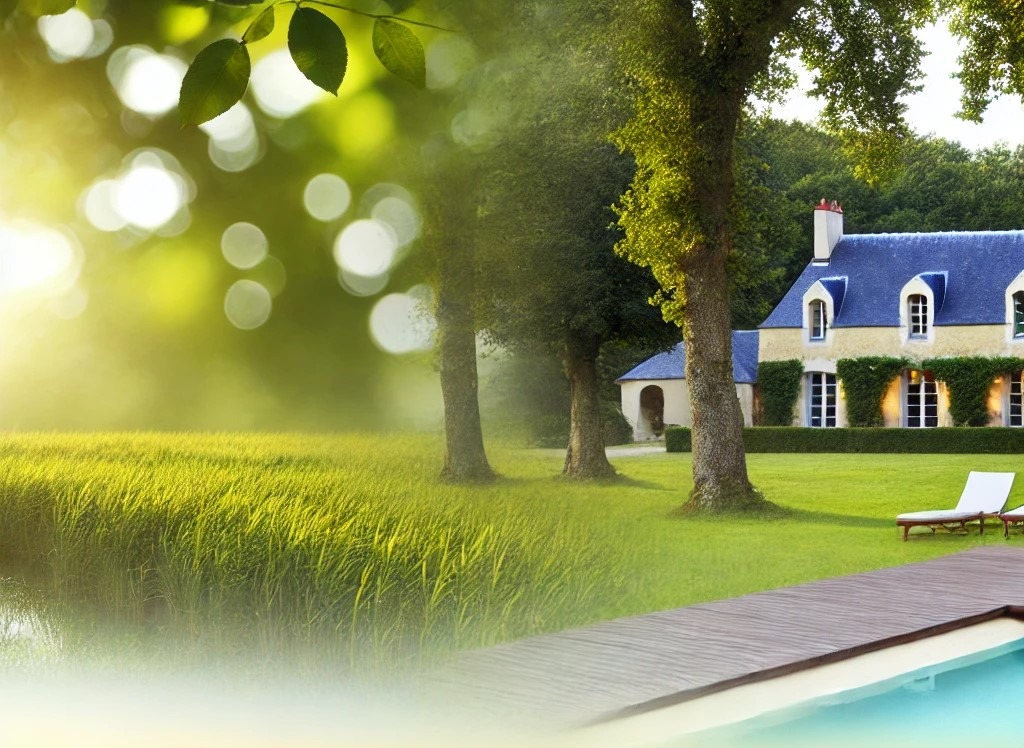 adre serein pour une retraite bien-être en France, avec un paysage naturel paisible, des champs verdoyants, un cours d'eau et un petit groupe en méditation