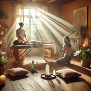 un soin énergétique avec une table de massage dans un cadre apaisant et sacré, entouré d'éléments naturels. Elle capture l'essence chaleureuse et harmonieuse dela formation en énergétique.