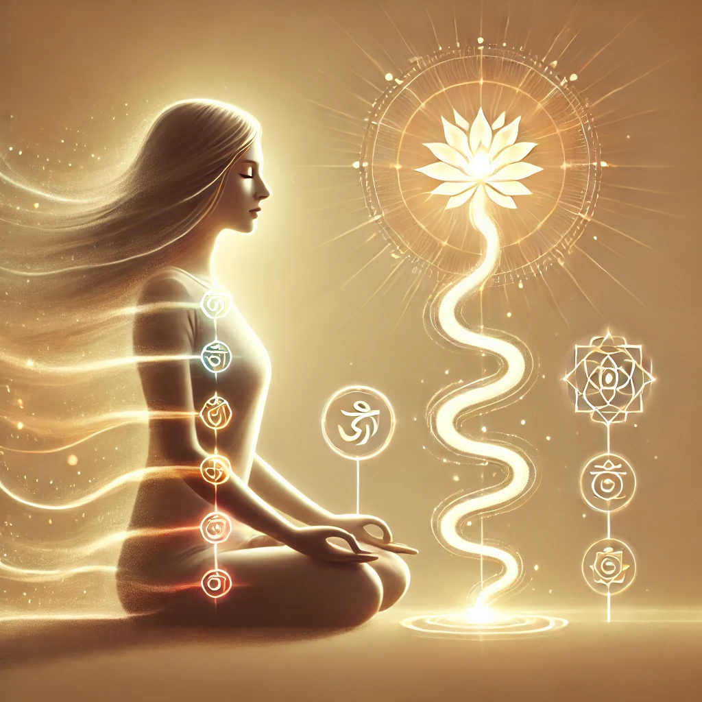 une personne en méditation avec l'énergie de la Kundalini activée. Elle est assise en position de méditation, entourée d'une lumière douce, avec un symbole de serpent indiquant l'énergie de la Kundalini montant le long des chakras sans effets secondaires